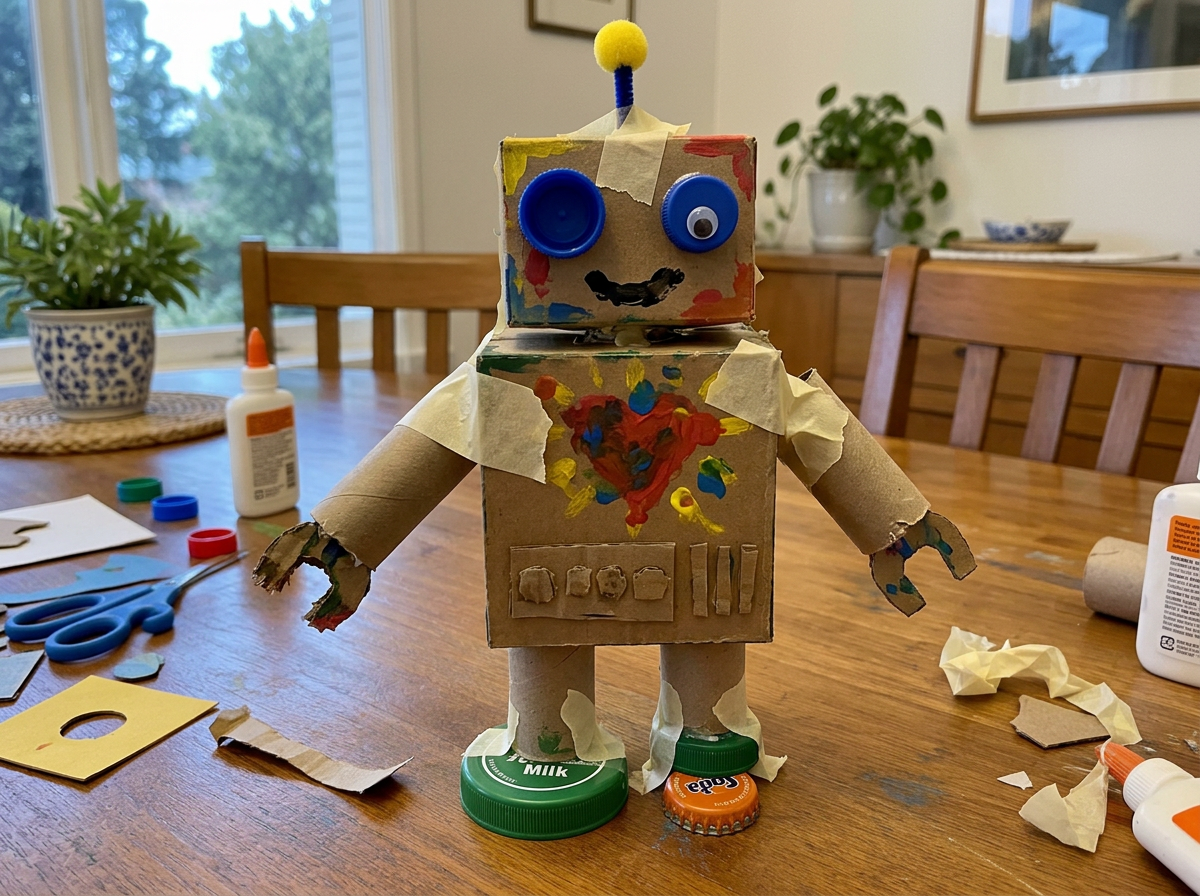 Imagen ilustrativa de un robot casero con cartón, cinta y tapas desparejas