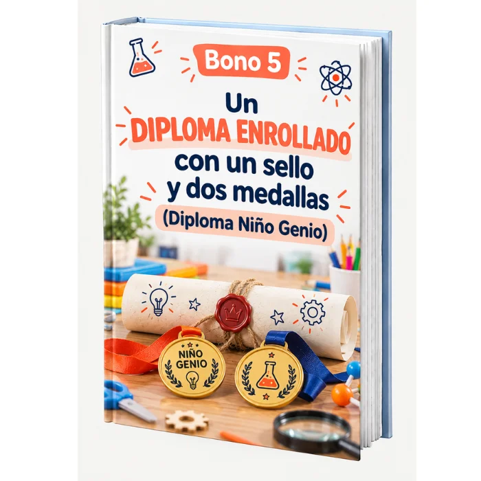 Portada del Bono 5: Diploma enrollado con sello y dos medallas de Niño Genio